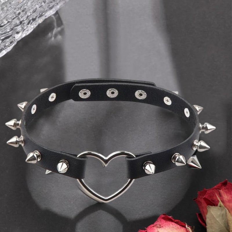 CALFOVERA Heart Spiked Studded Rivets Choker Collar Love PU Leather Gothic Necklace for Women Punk Rock Alloy Hollow Cosplay Goth Jewelry Chain Decorations for Women Party (Black) - Image 3